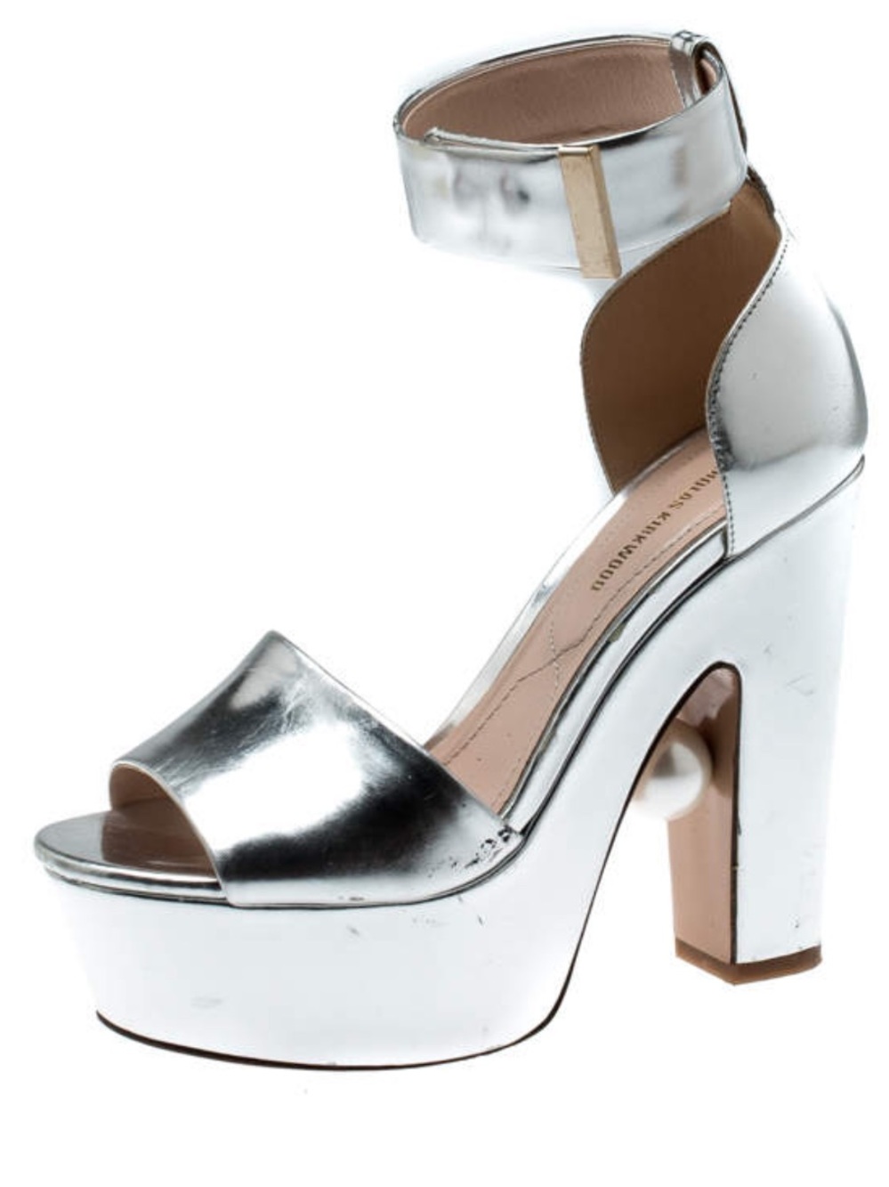Nicholas Kirkwood Metallic Silver Leather Platform Sandals Faux Pearl 37 6.5